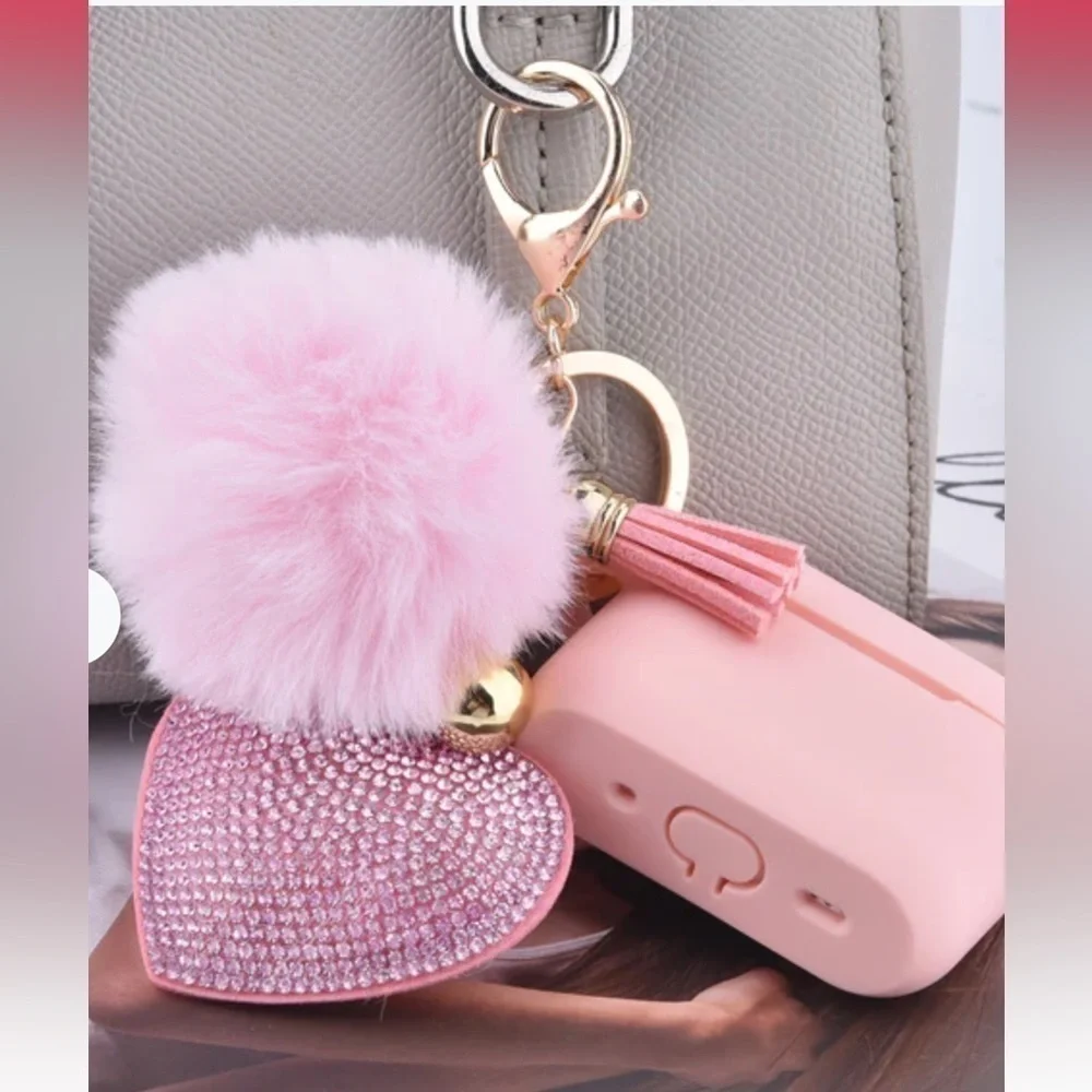 Apple AirPods Pro 2 Silicone Case with Bling Heart and Fur Pom- Pink